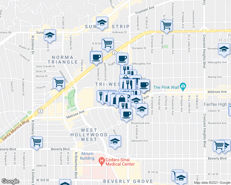 map of restaurants, bars, coffee shops, grocery stores, and more near 636 Westmount Drive in West Hollywood