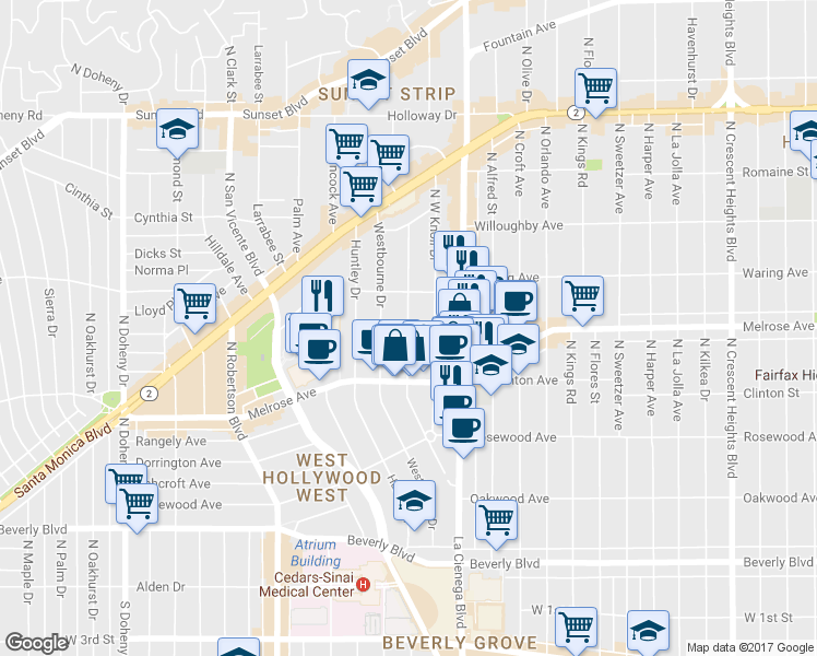 map of restaurants, bars, coffee shops, grocery stores, and more near 636 Westmount Drive in West Hollywood