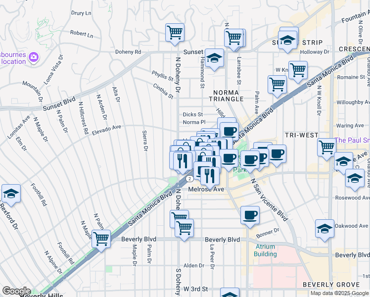 map of restaurants, bars, coffee shops, grocery stores, and more near 9065 Harland Avenue in West Hollywood
