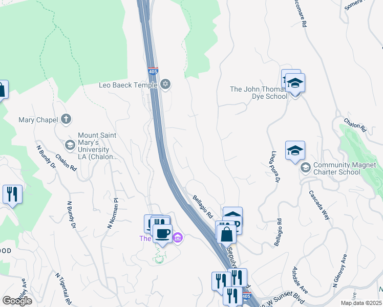 map of restaurants, bars, coffee shops, grocery stores, and more near 1219 Casiano Road in Los Angeles