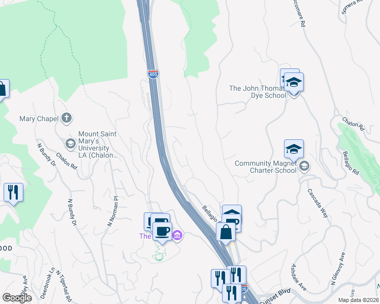 map of restaurants, bars, coffee shops, grocery stores, and more near 1219 Casiano Road in Los Angeles