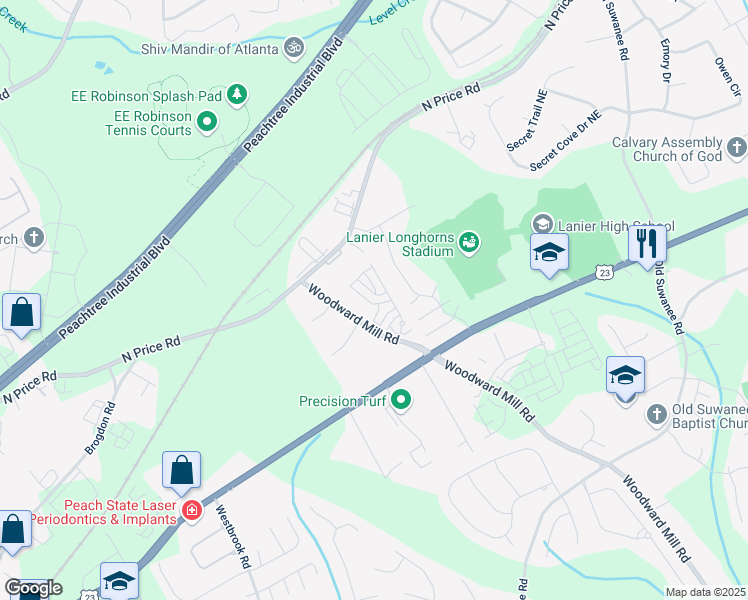 map of restaurants, bars, coffee shops, grocery stores, and more near 691 Cordele Lane in Sugar Hill