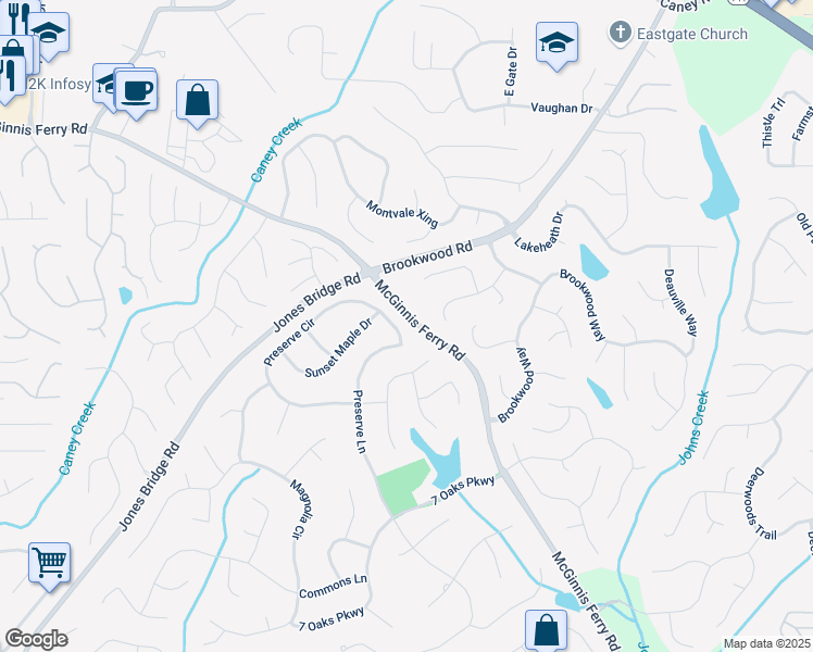 map of restaurants, bars, coffee shops, grocery stores, and more near 5405 Preserve Circle in Alpharetta