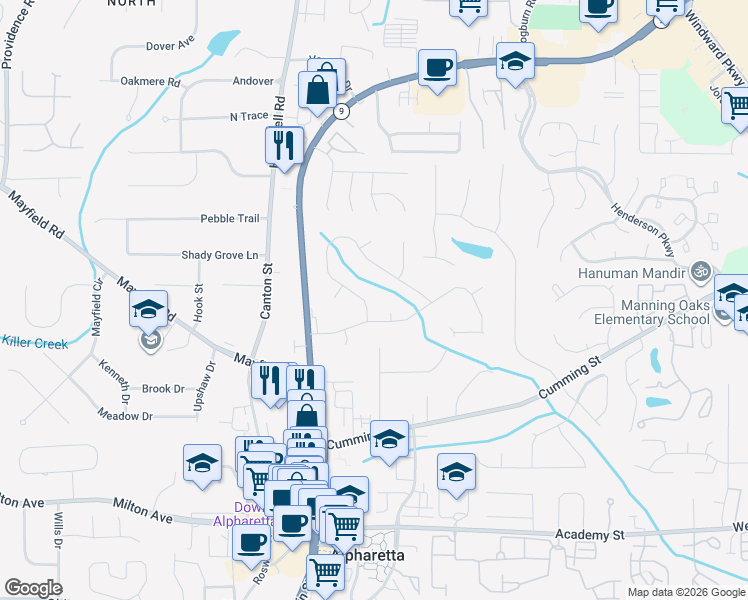 map of restaurants, bars, coffee shops, grocery stores, and more near 1800 North Creek Circle in Alpharetta