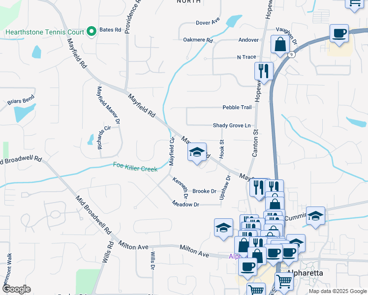map of restaurants, bars, coffee shops, grocery stores, and more near 250 Mayfield Road in Alpharetta