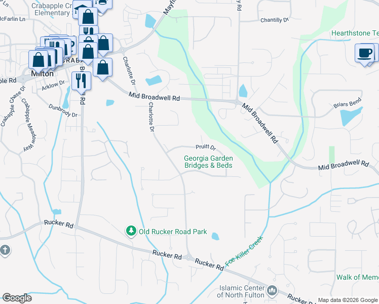 map of restaurants, bars, coffee shops, grocery stores, and more near 135 Pruitt Drive in Alpharetta