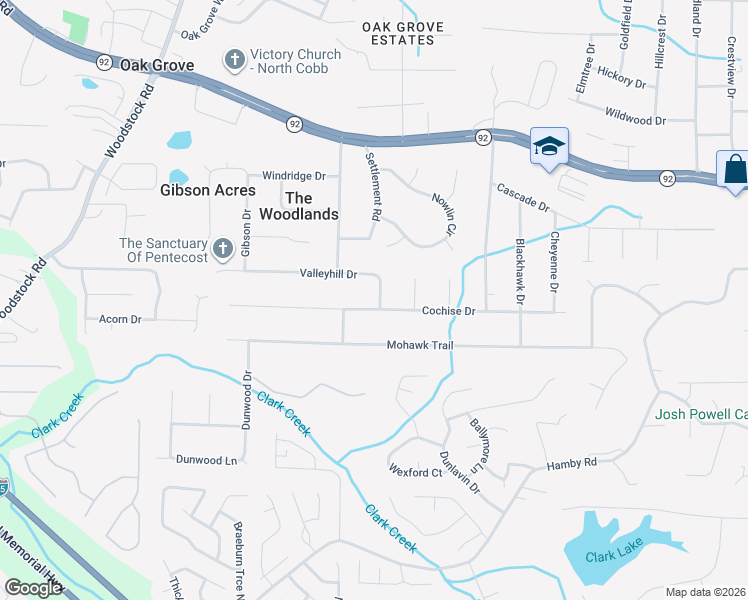 map of restaurants, bars, coffee shops, grocery stores, and more near 2507 Valleyhill Drive in Acworth