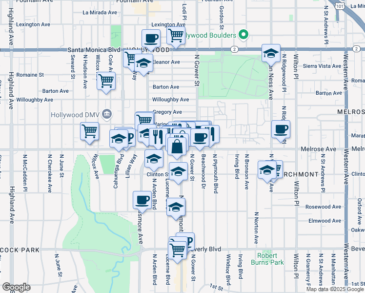map of restaurants, bars, coffee shops, grocery stores, and more near 643 North Gower Street in Los Angeles