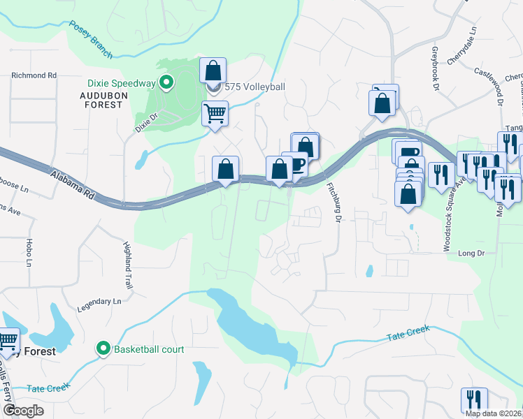 map of restaurants, bars, coffee shops, grocery stores, and more near 124-564 Downsby Ln in Woodstock