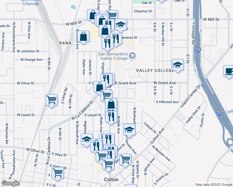 map of restaurants, bars, coffee shops, grocery stores, and more near 1444 North Mount Vernon Avenue in Colton
