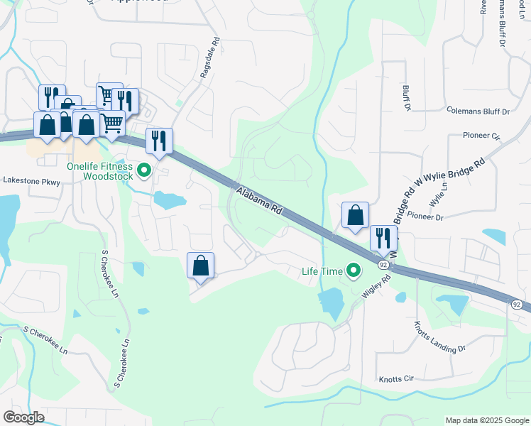 map of restaurants, bars, coffee shops, grocery stores, and more near 13682 Georgia 92 in Woodstock