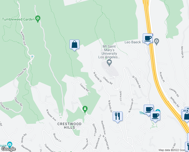 map of restaurants, bars, coffee shops, grocery stores, and more near 1445 North Bundy Drive in Los Angeles