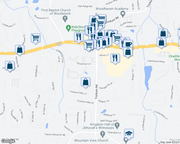 map of restaurants, bars, coffee shops, grocery stores, and more near 309 Trickum Road in Woodstock