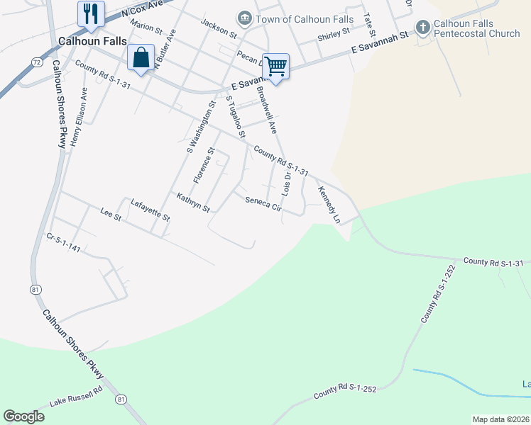 map of restaurants, bars, coffee shops, grocery stores, and more near 125 Walnut Street in Calhoun Falls