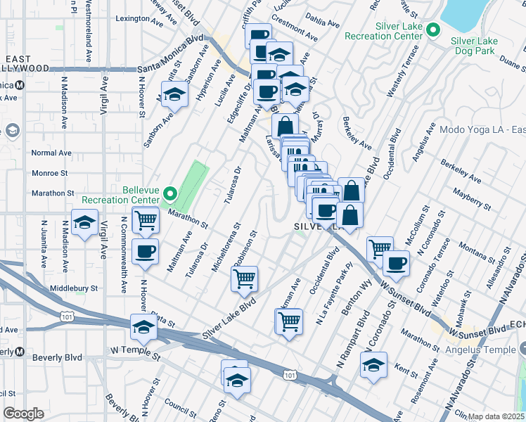 map of restaurants, bars, coffee shops, grocery stores, and more near 916 Robinson Street in Los Angeles