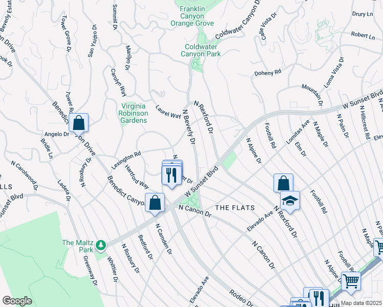 map of restaurants, bars, coffee shops, grocery stores, and more near 915 North Beverly Drive in Beverly Hills