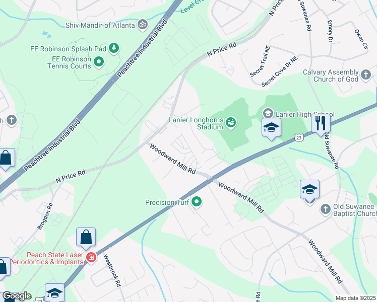 map of restaurants, bars, coffee shops, grocery stores, and more near 741 Cordele Lane in Sugar Hill