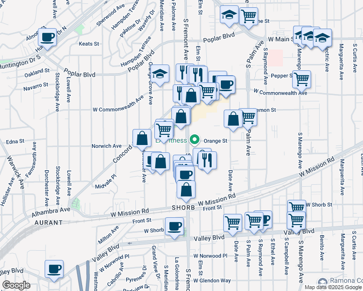 map of restaurants, bars, coffee shops, grocery stores, and more near 1003 Fremont Avenue in Alhambra