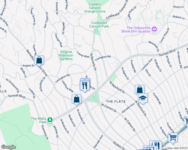map of restaurants, bars, coffee shops, grocery stores, and more near 915 North Beverly Drive in Beverly Hills
