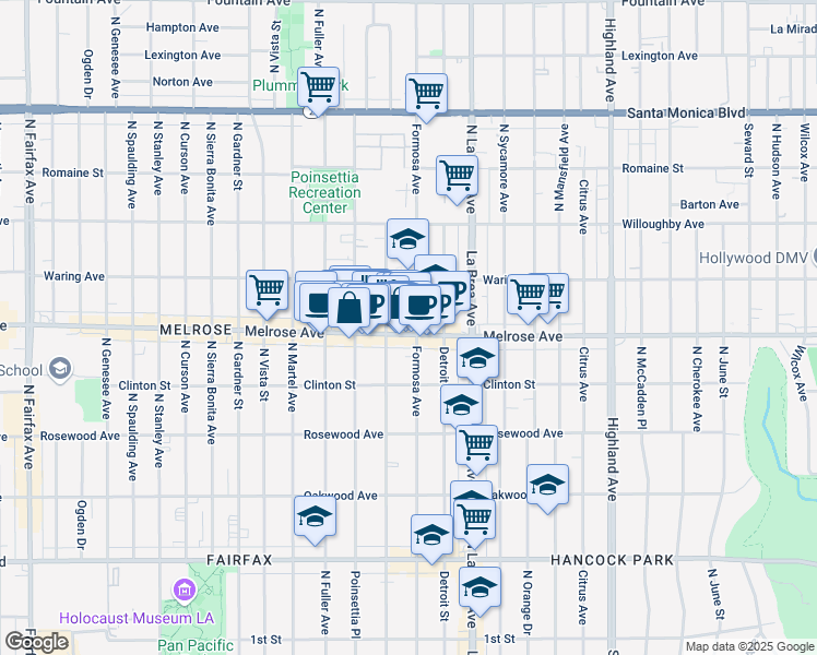 map of restaurants, bars, coffee shops, grocery stores, and more near 7220 Melrose Avenue in Los Angeles