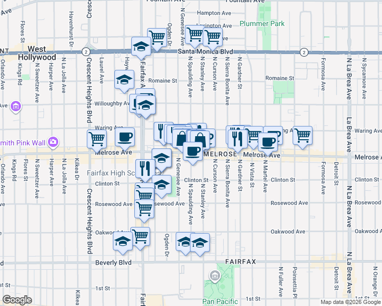 map of restaurants, bars, coffee shops, grocery stores, and more near North Spaulding Avenue in Los Angeles