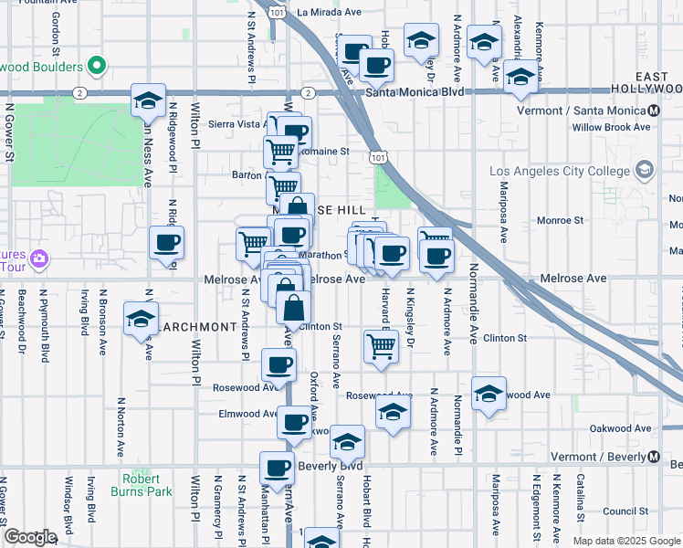 map of restaurants, bars, coffee shops, grocery stores, and more near 648 North Serrano Avenue in Los Angeles