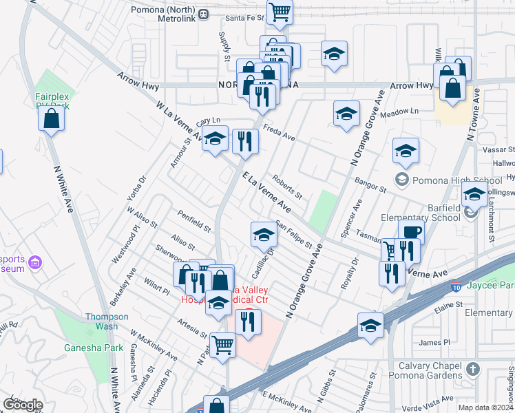 map of restaurants, bars, coffee shops, grocery stores, and more near 2018 Las Vegas Avenue in Pomona