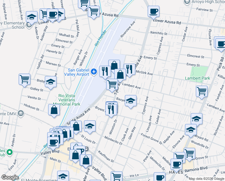 map of restaurants, bars, coffee shops, grocery stores, and more near 4225 Tyler Avenue in El Monte