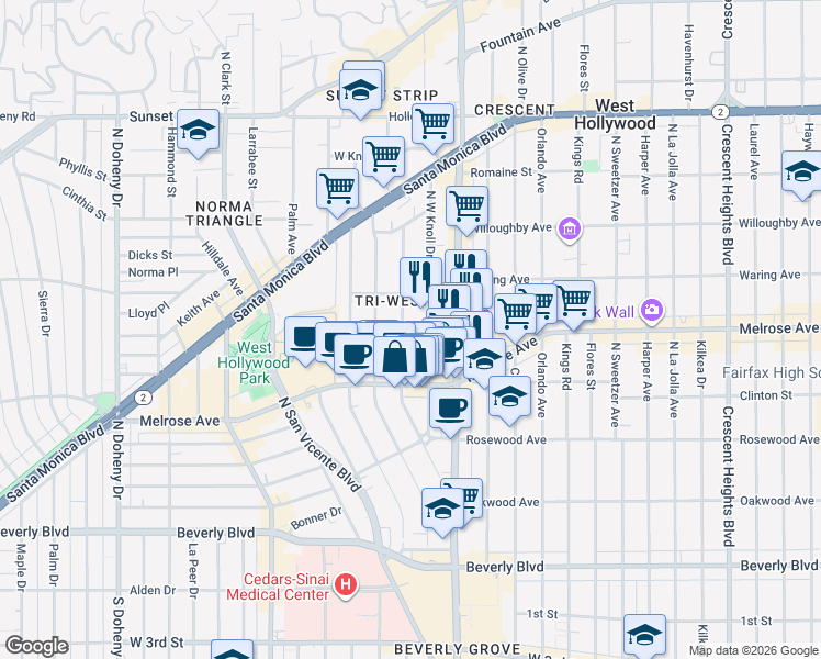 map of restaurants, bars, coffee shops, grocery stores, and more near 636 Westmount Drive in West Hollywood