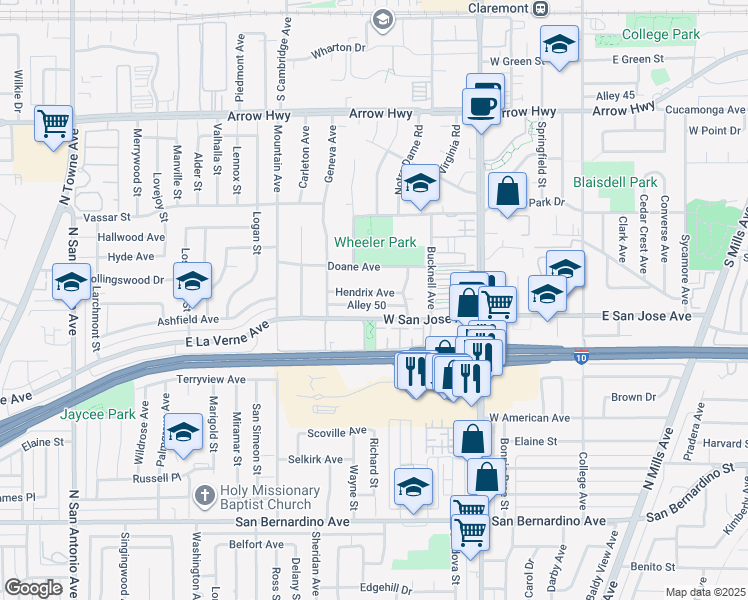 map of restaurants, bars, coffee shops, grocery stores, and more near 624 Hendrix Avenue in Claremont