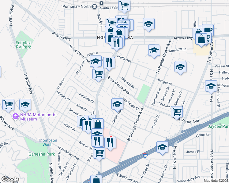 map of restaurants, bars, coffee shops, grocery stores, and more near 2018 Las Vegas Avenue in Pomona