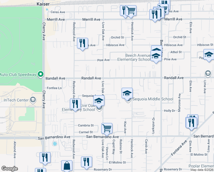 map of restaurants, bars, coffee shops, grocery stores, and more near 9398 Live Oak Avenue in Fontana