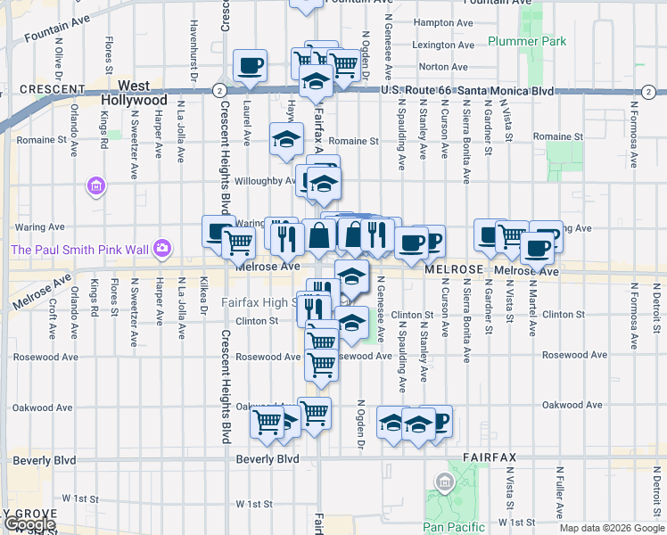 map of restaurants, bars, coffee shops, grocery stores, and more near 672 North Fairfax Avenue in Los Angeles