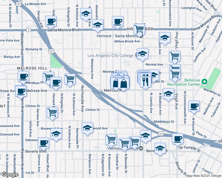 map of restaurants, bars, coffee shops, grocery stores, and more near in Los Angeles