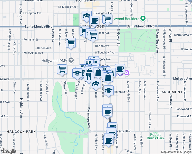 map of restaurants, bars, coffee shops, grocery stores, and more near in Los Angeles