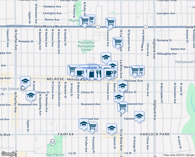 map of restaurants, bars, coffee shops, grocery stores, and more near 638 North Poinsettia Place in Los Angeles