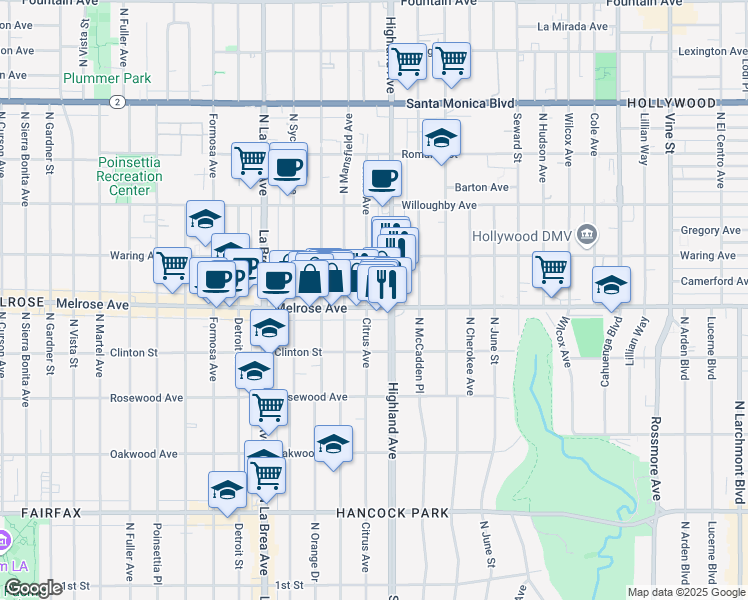 map of restaurants, bars, coffee shops, grocery stores, and more near 6621 Melrose Avenue in Los Angeles