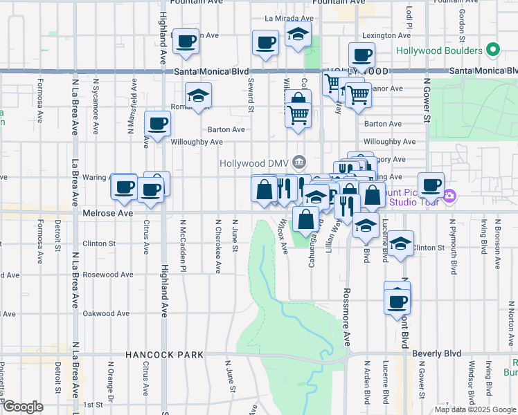 map of restaurants, bars, coffee shops, grocery stores, and more near 645 Wilcox Avenue in Los Angeles