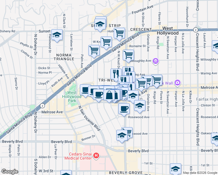 map of restaurants, bars, coffee shops, grocery stores, and more near 705 Westmount Drive in West Hollywood
