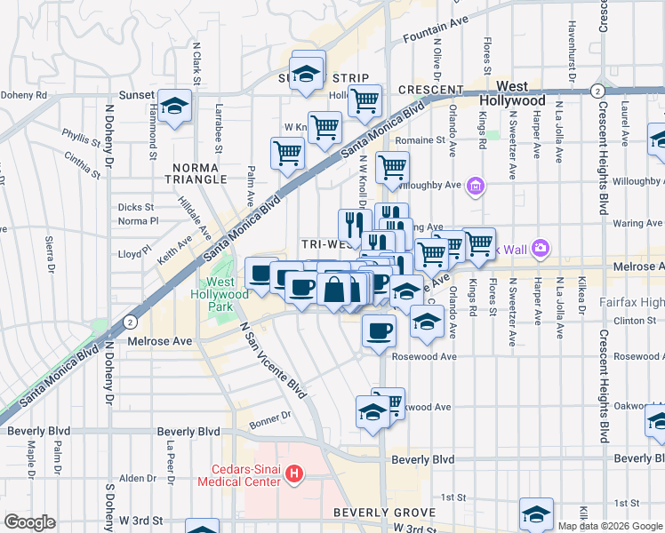 map of restaurants, bars, coffee shops, grocery stores, and more near 705 Westmount Drive in West Hollywood