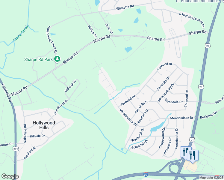 map of restaurants, bars, coffee shops, grocery stores, and more near 613 Meadowlake Drive in Columbia