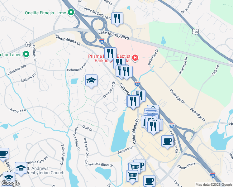 map of restaurants, bars, coffee shops, grocery stores, and more near 108 Paces Brook Avenue in Columbia