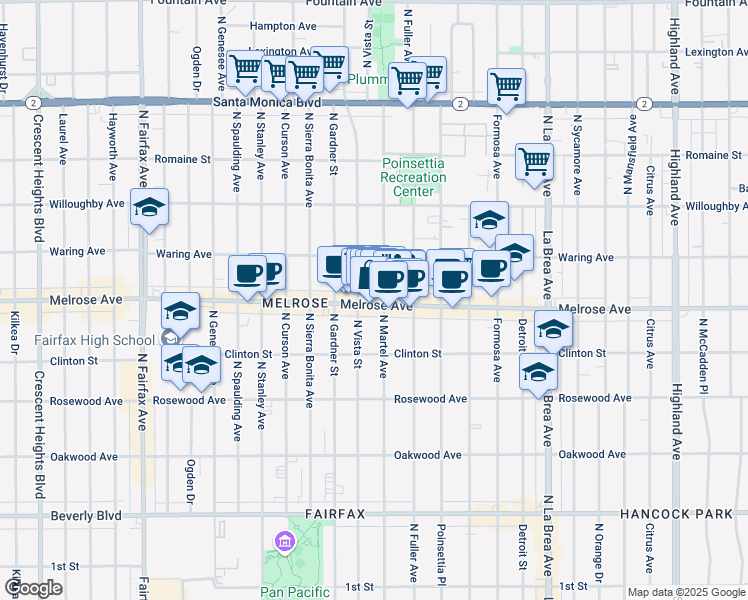 map of restaurants, bars, coffee shops, grocery stores, and more near 727 North Martel Avenue in West Hollywood
