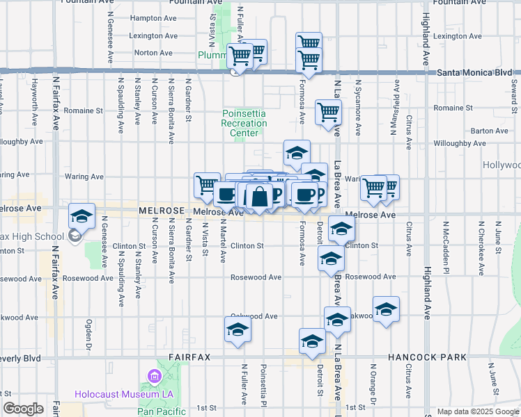 map of restaurants, bars, coffee shops, grocery stores, and more near 726 North Poinsettia Place in Los Angeles