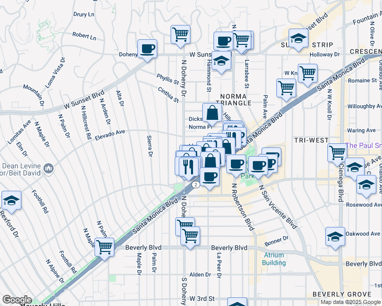 map of restaurants, bars, coffee shops, grocery stores, and more near 9061 Keith Avenue in West Hollywood