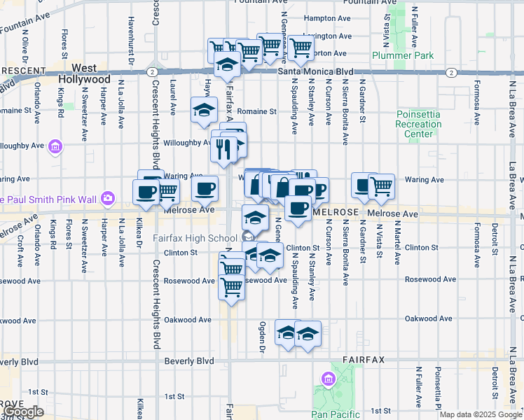 map of restaurants, bars, coffee shops, grocery stores, and more near Melrose Ave & N Ogden Dr in Los Angeles