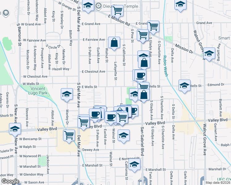 map of restaurants, bars, coffee shops, grocery stores, and more near 1316 Walnut Street in San Gabriel