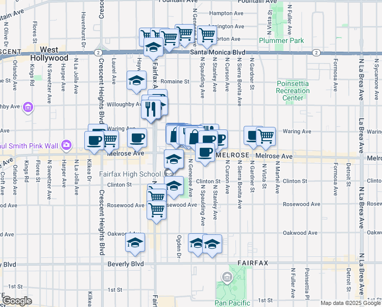 map of restaurants, bars, coffee shops, grocery stores, and more near 7729 Melrose Avenue in Los Angeles