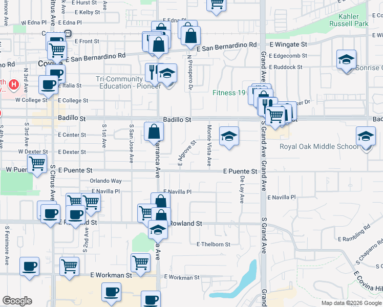 map of restaurants, bars, coffee shops, grocery stores, and more near Dexter Street in Covina