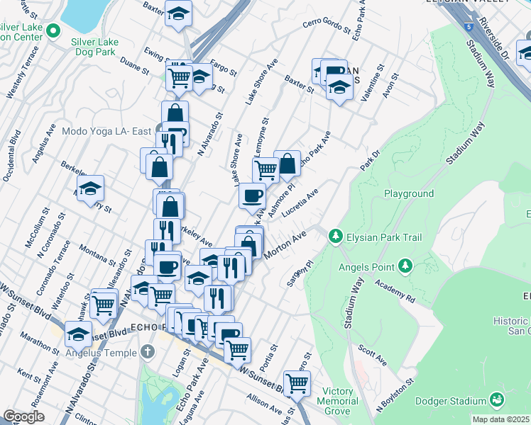 map of restaurants, bars, coffee shops, grocery stores, and more near 1714 Echo Park Avenue in Los Angeles